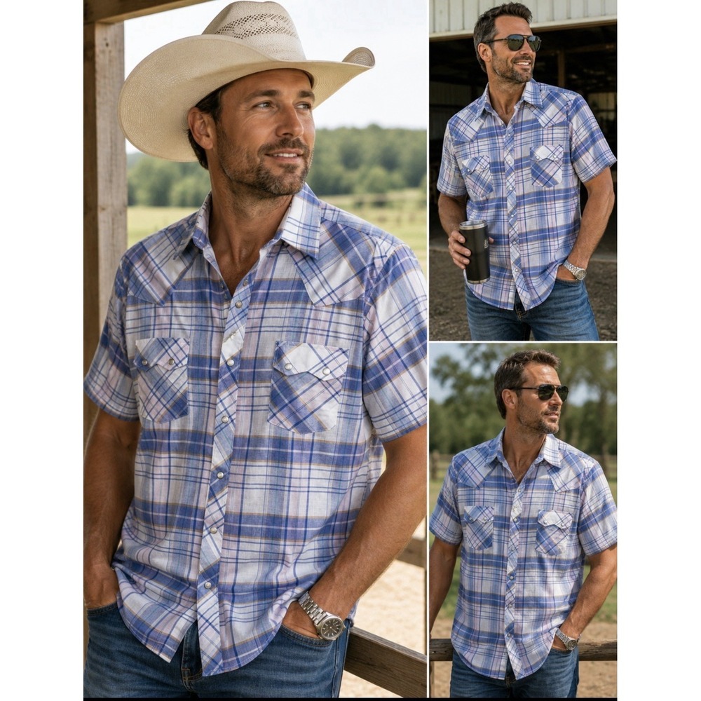 Vintage Stagecoach Western Shirt XXL Big Man Plaid Pearl Snap Short Sleeve